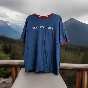 Vintage Tommy Hilfiger Men’s Blue T Shirt Short Sleeve White Embroidered Large